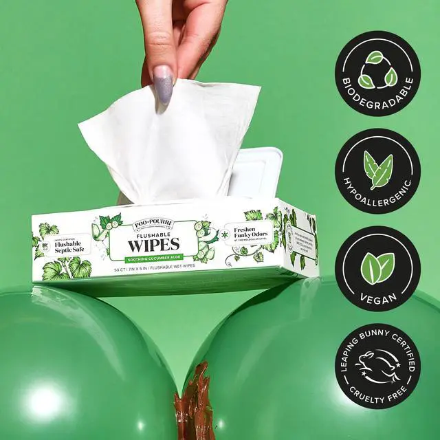 Alt view image 5 of 7 - Flushable Wipes - Made with Plant Based Fibers, Aloe, Vitamin E, Chamomile, and Oat Extract - Adult Wet Wipes - Cucumber & Aloe Essential Oil - 50 count Dispenser Box - Sewer & Septic Safe