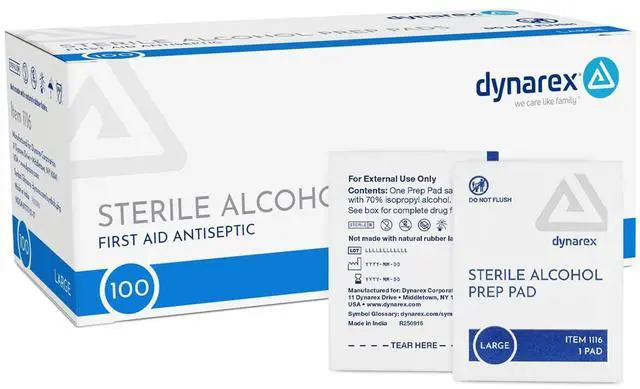 Main image of DynaSafety Sterile Alcohol Prep Pads - Large - 70% Isopropyl Alcohol, Individually Wrapped, Soft Cleaning Wipes - 100 per Box