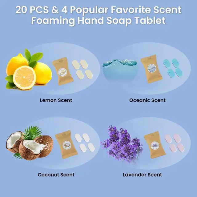 Alt view image 2 of 7 - 20 Pack Foaming Hand Soap Tablet Refills, 4 Scent, 12g Big Tablets, Makes 240 fl oz Soap Total, Eco Friendly Hand Wash Tablets Lemon, Coconut, Oceanic, Lavender Fragrance