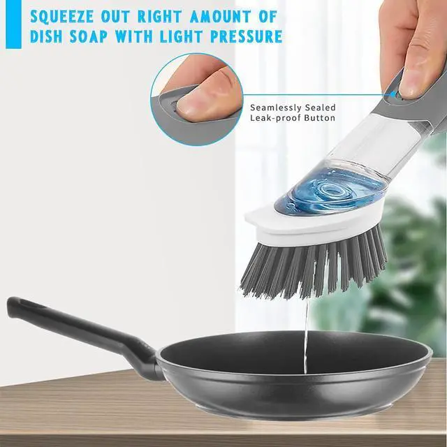 Alt view image 2 of 7 - 4-in-1 Dish Cleaning Brush Soap Dispensing Dish Brush Set with 4 Replacement Heads and Storage Holder, Kitchen Scrub Brush for Dish Pot Pan Sink Cleaning (Grey)