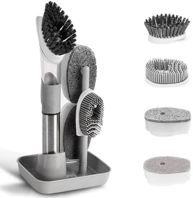 Main image of 4-in-1 Dish Cleaning Brush Soap Dispensing Dish Brush Set with 4 Replacement Heads and Storage Holder, Kitchen Scrub Brush for Dish Pot Pan Sink Cleaning (Grey)