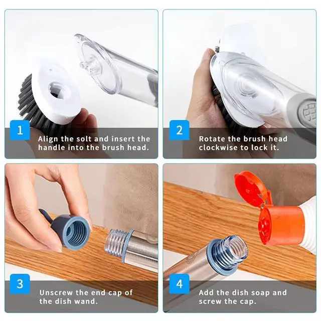 Alt view image 3 of 7 - 4-in-1 Dish Cleaning Brush Soap Dispensing Dish Brush Set with 4 Replacement Heads and Storage Holder, Kitchen Scrub Brush for Dish Pot Pan Sink Cleaning (Grey)