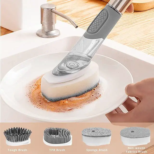 Alt view image 4 of 7 - 4-in-1 Dish Cleaning Brush Soap Dispensing Dish Brush Set with 4 Replacement Heads and Storage Holder, Kitchen Scrub Brush for Dish Pot Pan Sink Cleaning (Grey)