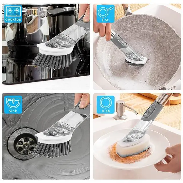 Alt view image 6 of 7 - 4-in-1 Dish Cleaning Brush Soap Dispensing Dish Brush Set with 4 Replacement Heads and Storage Holder, Kitchen Scrub Brush for Dish Pot Pan Sink Cleaning (Grey)