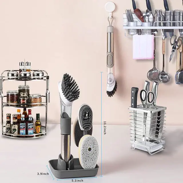 Alt view image 7 of 7 - 4-in-1 Dish Cleaning Brush Soap Dispensing Dish Brush Set with 4 Replacement Heads and Storage Holder, Kitchen Scrub Brush for Dish Pot Pan Sink Cleaning (Grey)