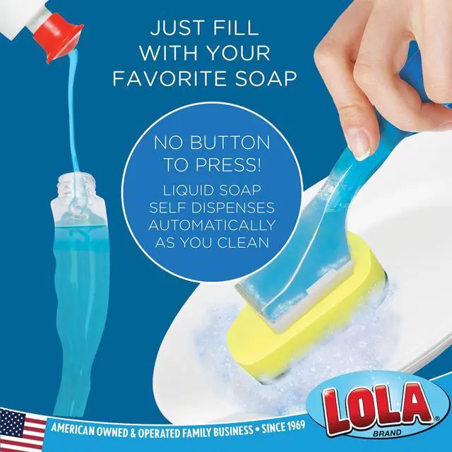 Alt view image 2 of 6 - Dish Brush w/Soap Dispenser Wand, 1 Brush w/Head & 6 Refills, Absorbent Sponge Scrubber, No Leaking. Clean Dishes, Sinks and Cookware