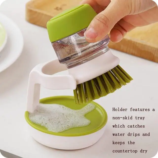Alt view image 4 of 6 - Dish Brush with Soap Dispenser, Dishwashing Kitchen Scrub Brushes Dish Scrubber with Holder Drip Tray, for Cleaning Pan, Pot, Sink(Grey)