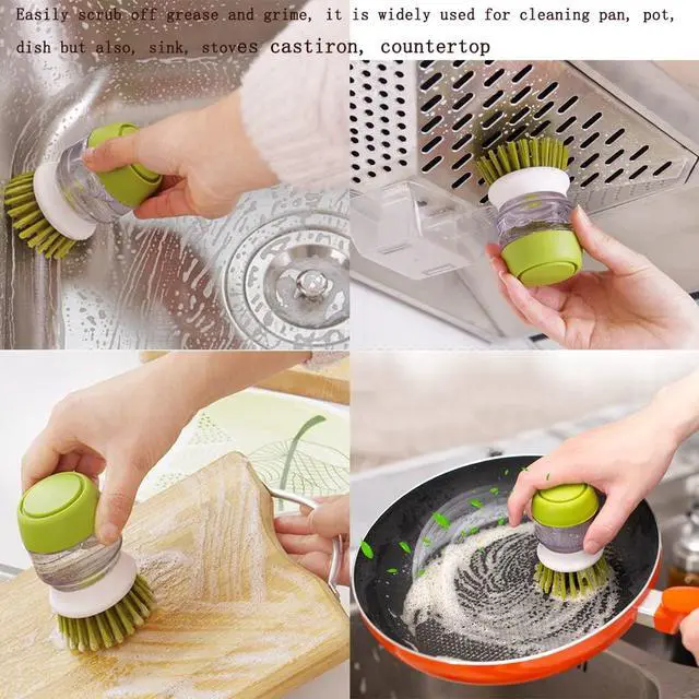 Alt view image 5 of 6 - Dish Brush with Soap Dispenser, Dishwashing Kitchen Scrub Brushes Dish Scrubber with Holder Drip Tray, for Cleaning Pan, Pot, Sink(Grey)