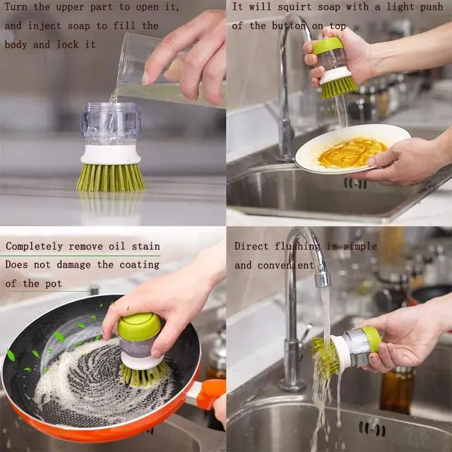 Alt view image 6 of 6 - Dish Brush with Soap Dispenser, Dishwashing Kitchen Scrub Brushes Dish Scrubber with Holder Drip Tray, for Cleaning Pan, Pot, Sink(Grey)