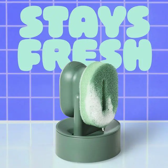 Alt view image 3 of 7 - Palm Scrubber with Drain + Dry Stand, Household and Kitchen Sponge for Washing Dishes with Comfy Grip, 1 Scrub Sponge with Soap Dispenser