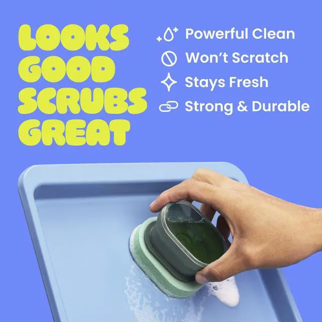 Alt view image 4 of 7 - Palm Scrubber with Drain + Dry Stand, Household and Kitchen Sponge for Washing Dishes with Comfy Grip, 1 Scrub Sponge with Soap Dispenser