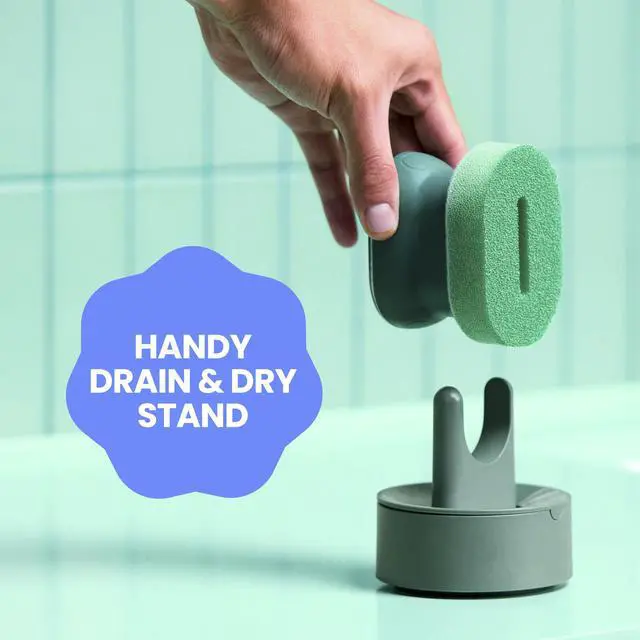 Alt view image 7 of 7 - Palm Scrubber with Drain + Dry Stand, Household and Kitchen Sponge for Washing Dishes with Comfy Grip, 1 Scrub Sponge with Soap Dispenser