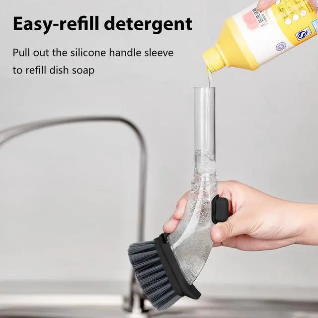 Alt view image 3 of 6 - Soap Dispensing Dish Brush with Handle, Kitchen Scrub Brush for Dishes Pots Pans Sink Cleaning (Black)