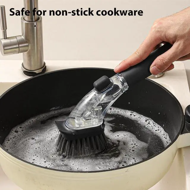 Alt view image 5 of 6 - Soap Dispensing Dish Brush with Handle, Kitchen Scrub Brush for Dishes Pots Pans Sink Cleaning (Black)
