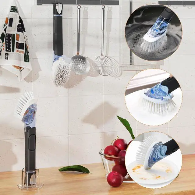 Alt view image 6 of 7 - Soap Dispensing Replacement Dish Brush Storage Set with 2 PCS Brush Refills & Holder - RIMAY Dispenser Scrub Cleaning Scrubber Kitchen Dishwashing Dish Wand Handle for Dishes/Pans/Pots/Sink(Black)