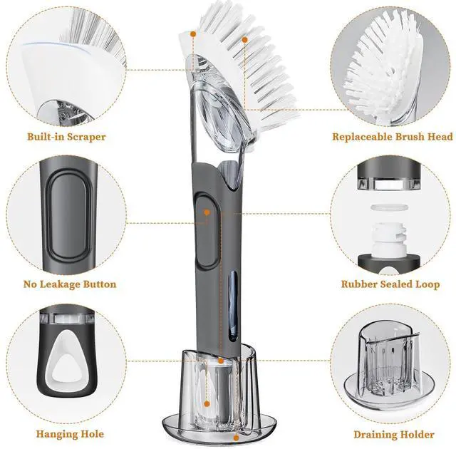 Alt view image 7 of 7 - Soap Dispensing Replacement Dish Brush Storage Set with 2 PCS Brush Refills & Holder - RIMAY Dispenser Scrub Cleaning Scrubber Kitchen Dishwashing Dish Wand Handle for Dishes/Pans/Pots/Sink(Black)