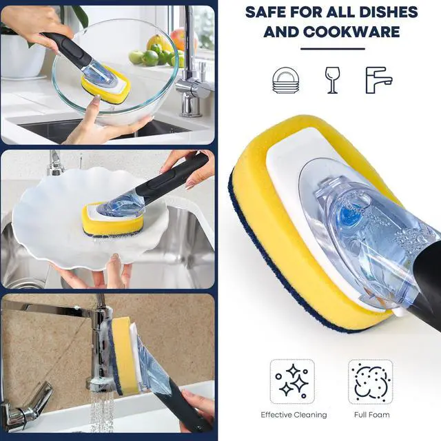 Alt view image 5 of 7 - Dish Brush with Soap Dispenser Storage Set with 2 PCS Sponge Refills & Holder, Soap Dispensing Dish Brushes, Sponge with Soap Dispenser Handle, Dish Sponges with Handle for Dishes Pans Pots Sink