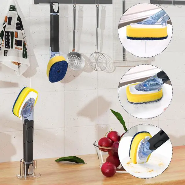 Alt view image 7 of 7 - Dish Brush with Soap Dispenser Storage Set with 2 PCS Sponge Refills & Holder, Soap Dispensing Dish Brushes, Sponge with Soap Dispenser Handle, Dish Sponges with Handle for Dishes Pans Pots Sink