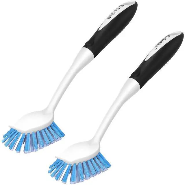 Main image of Dish Brush with Handle, 2 Pack Stiff Bristles Dish Scrubber with Built-in Scraper Dish Scrub Brushes for Cleaning Dishes, Pots and Pans, Kitchen Sink