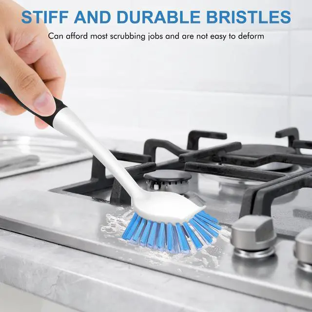 Alt view image 4 of 7 - Dish Brush with Handle, 2 Pack Stiff Bristles Dish Scrubber with Built-in Scraper Dish Scrub Brushes for Cleaning Dishes, Pots and Pans, Kitchen Sink