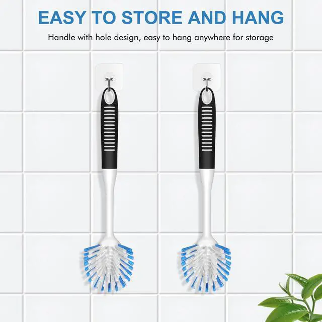 Alt view image 3 of 7 - Dish Brush with Handle, 2 Pack Stiff Bristles Dish Scrubber with Built-in Scraper Dish Scrub Brushes for Cleaning Dishes, Pots and Pans, Kitchen Sink
