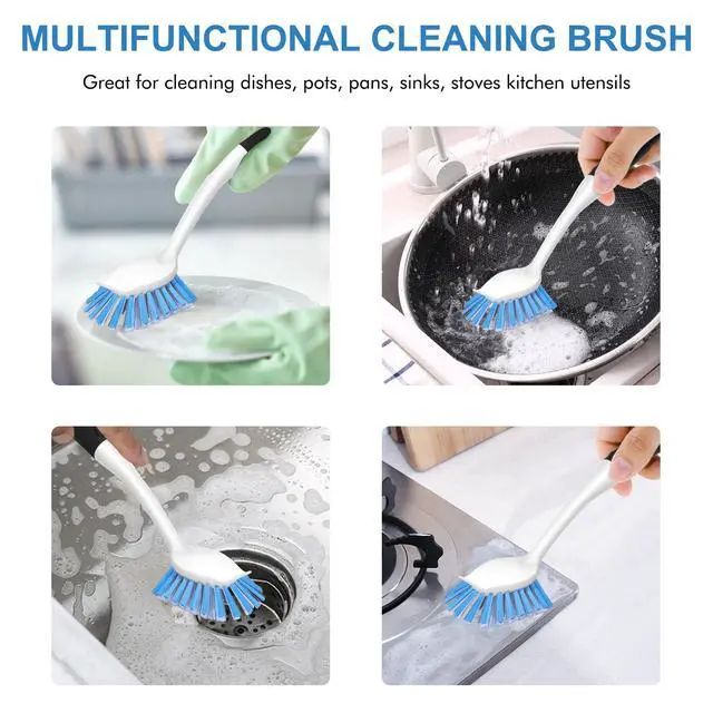 Alt view image 6 of 7 - Dish Brush with Handle, 2 Pack Stiff Bristles Dish Scrubber with Built-in Scraper Dish Scrub Brushes for Cleaning Dishes, Pots and Pans, Kitchen Sink