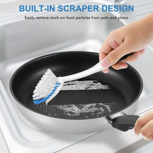 Alt view image 5 of 7 - Dish Brush with Handle, 2 Pack Stiff Bristles Dish Scrubber with Built-in Scraper Dish Scrub Brushes for Cleaning Dishes, Pots and Pans, Kitchen Sink