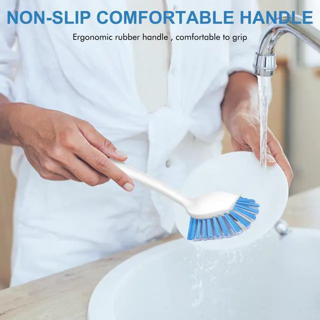Alt view image 7 of 7 - Dish Brush with Handle, 2 Pack Stiff Bristles Dish Scrubber with Built-in Scraper Dish Scrub Brushes for Cleaning Dishes, Pots and Pans, Kitchen Sink