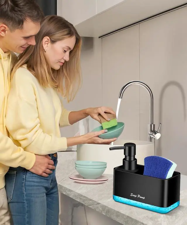Alt view image 3 of 6 - Dish Soap Dispenser with Sponge Holder, 2-in-1 Countertop Small Soap Dispenser for Kitchen and Bathroom, Multi-Scene for Dish Soap, Hand Soap, Lotion, Body Wash (Black)
