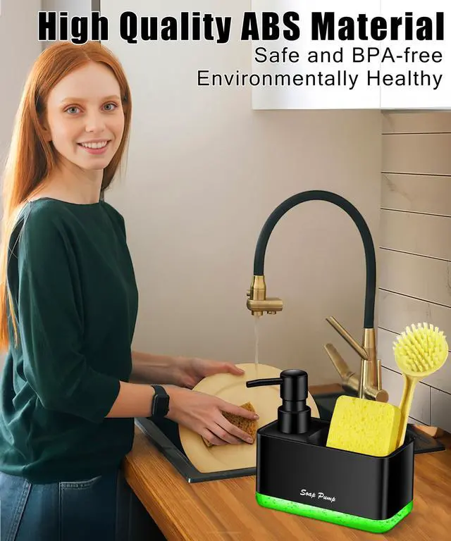 Alt view image 2 of 6 - Dish Soap Dispenser with Sponge Holder, 2-in-1 Countertop Small Soap Dispenser for Kitchen and Bathroom, Multi-Scene for Dish Soap, Hand Soap, Lotion, Body Wash (Black)