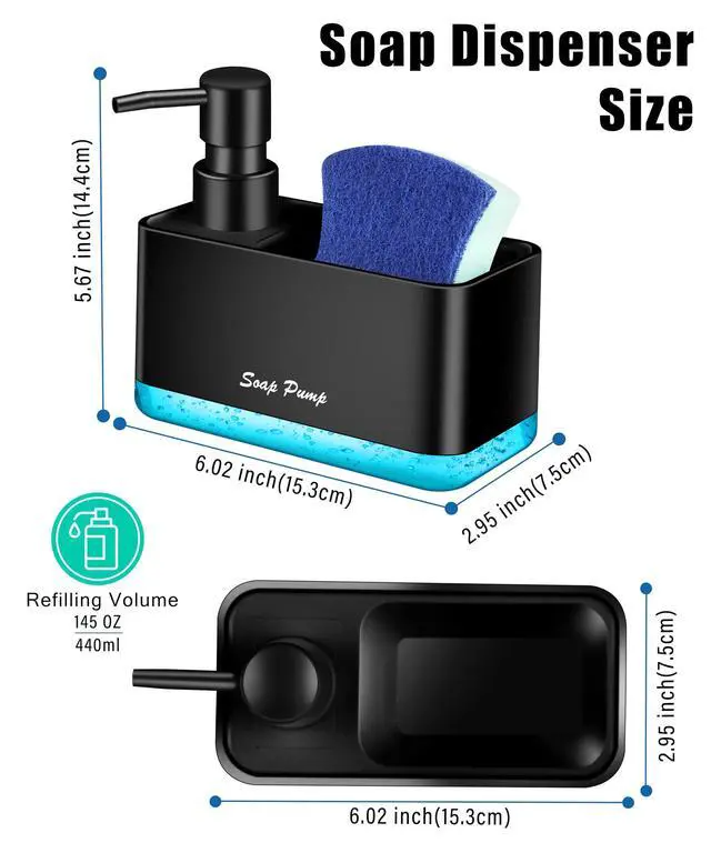 Alt view image 4 of 6 - Dish Soap Dispenser with Sponge Holder, 2-in-1 Countertop Small Soap Dispenser for Kitchen and Bathroom, Multi-Scene for Dish Soap, Hand Soap, Lotion, Body Wash (Black)