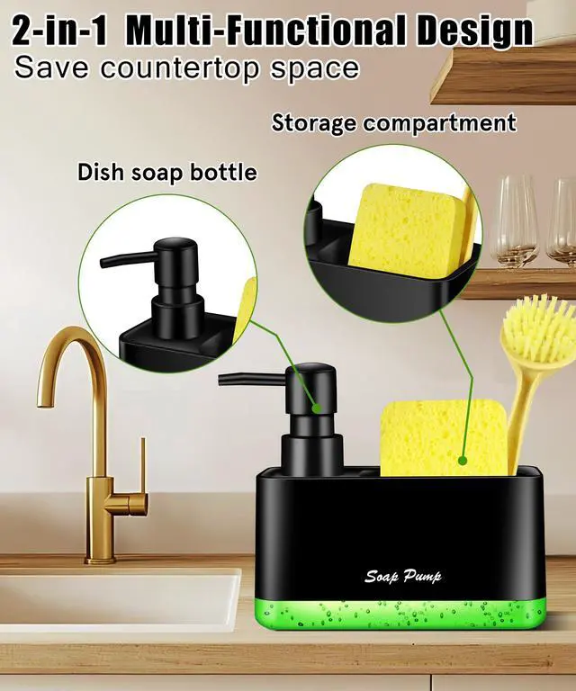 Alt view image 5 of 6 - Dish Soap Dispenser with Sponge Holder, 2-in-1 Countertop Small Soap Dispenser for Kitchen and Bathroom, Multi-Scene for Dish Soap, Hand Soap, Lotion, Body Wash (Black)