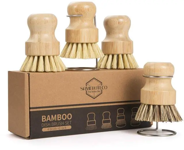 Main image of 6-Piece Bamboo Dish Brush Set with 2X Fast-Dry Stainless Steel Holder,3xNatural Sisal Bristle Brush & 1xPalm Bristle Kitchen Cleaning Brushes for Dishes, Pots, Pans & Sink