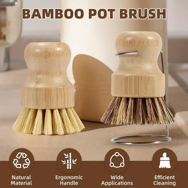 Alt view image 2 of 7 - 6-Piece Bamboo Dish Brush Set with 2X Fast-Dry Stainless Steel Holder,3xNatural Sisal Bristle Brush & 1xPalm Bristle Kitchen Cleaning Brushes for Dishes, Pots, Pans & Sink