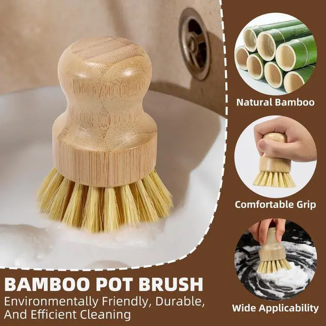 Alt view image 4 of 7 - 6-Piece Bamboo Dish Brush Set with 2X Fast-Dry Stainless Steel Holder,3xNatural Sisal Bristle Brush & 1xPalm Bristle Kitchen Cleaning Brushes for Dishes, Pots, Pans & Sink