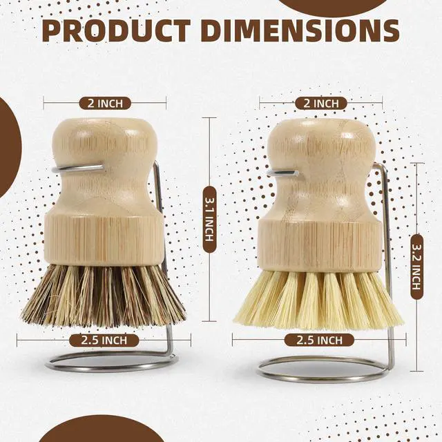 Alt view image 5 of 7 - 6-Piece Bamboo Dish Brush Set with 2X Fast-Dry Stainless Steel Holder,3xNatural Sisal Bristle Brush & 1xPalm Bristle Kitchen Cleaning Brushes for Dishes, Pots, Pans & Sink