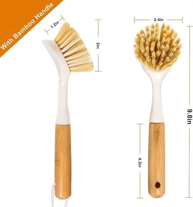Alt view image 2 of 7 - 2 Pack Kitchen Dish Brushes with Bamboo Handle, Dish Scrubber Built-in Scraper, Scrub Brush for Pans, Pots, Counter & Kitchen Sink Cleaning, Dishwashing and Cleaning Brush Tools, White