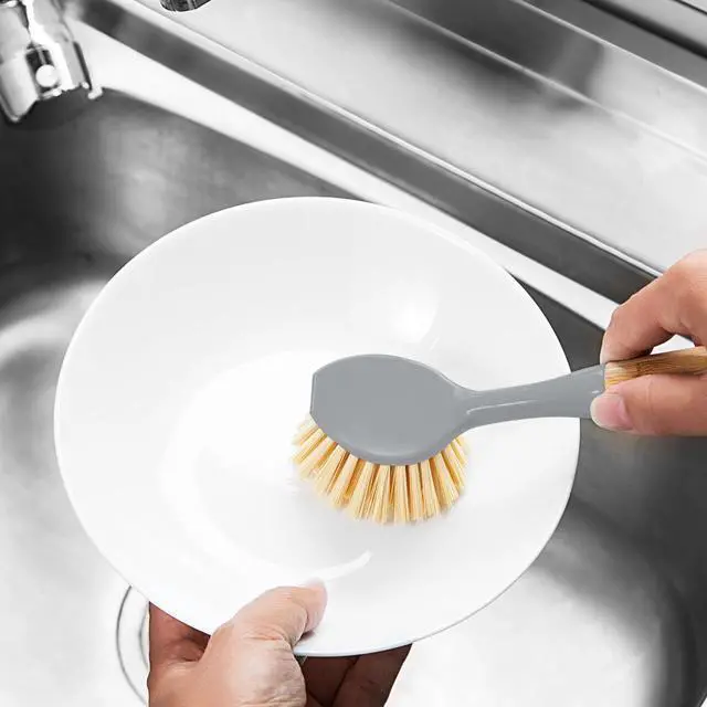 Alt view image 3 of 7 - 2 Pack Kitchen Dish Brushes with Bamboo Handle, Dish Scrubber Built-in Scraper, Scrub Brush for Pans, Pots, Counter & Kitchen Sink Cleaning, Dishwashing and Cleaning Brush Tools, White