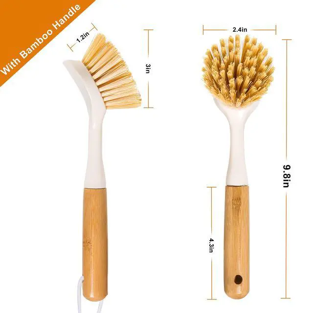 Alt view image 7 of 7 - 2 Pack Kitchen Dish Brushes with Bamboo Handle, Dish Scrubber Built-in Scraper, Scrub Brush for Pans, Pots, Counter & Kitchen Sink Cleaning, Dishwashing and Cleaning Brush Tools, White