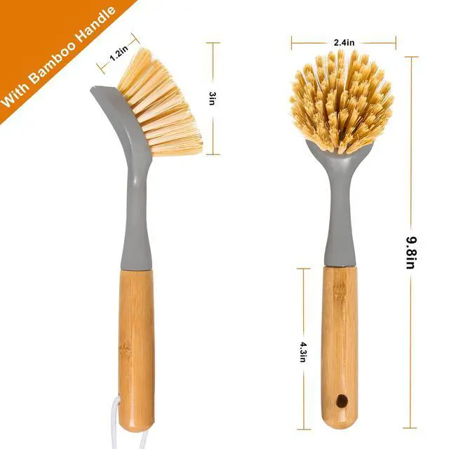 Alt view image 4 of 7 - 2 Pack Kitchen Dish Brushes with Bamboo Handle, Dish Scrubber Built-in Scraper, Scrub Brush for Pans, Pots, Counter & Kitchen Sink Cleaning, Dishwashing and Cleaning Brush Tools, White