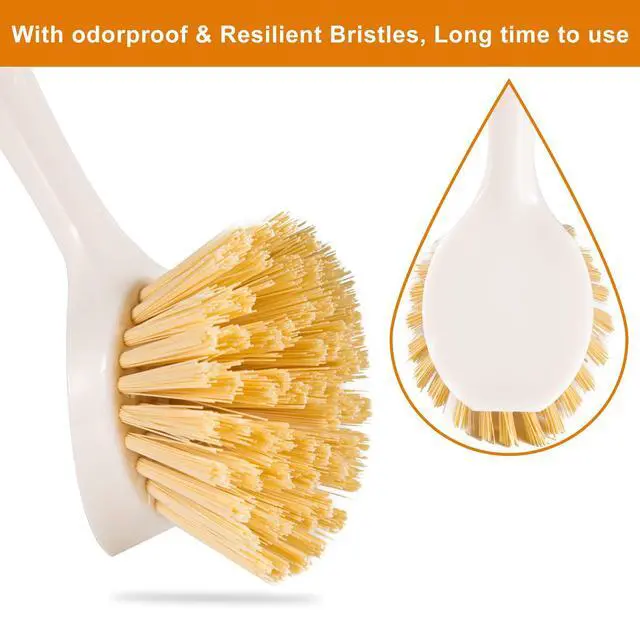 Alt view image 6 of 7 - 2 Pack Kitchen Dish Brushes with Bamboo Handle, Dish Scrubber Built-in Scraper, Scrub Brush for Pans, Pots, Counter & Kitchen Sink Cleaning, Dishwashing and Cleaning Brush Tools, White
