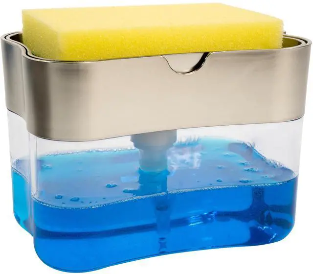 Main image of Dish Soap Dispenser and Sponge Holder for Kitchen Sink, Sponge Included, 13 Ounces, Metallic Silver
