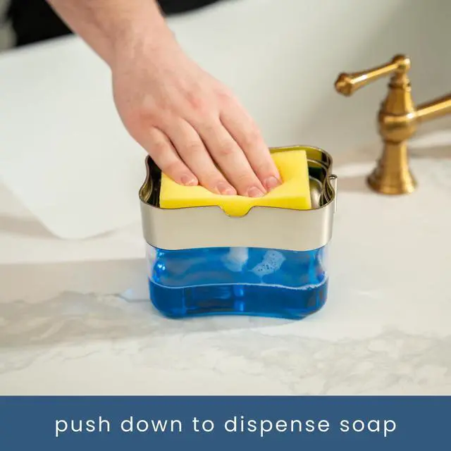 Alt view image 2 of 6 - Dish Soap Dispenser and Sponge Holder for Kitchen Sink, Sponge Included, 13 Ounces, Metallic Silver