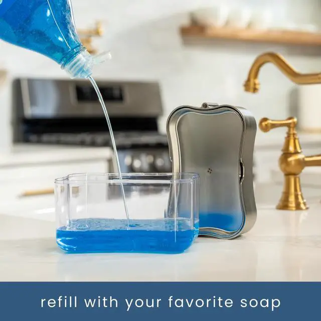 Alt view image 3 of 6 - Dish Soap Dispenser and Sponge Holder for Kitchen Sink, Sponge Included, 13 Ounces, Metallic Silver