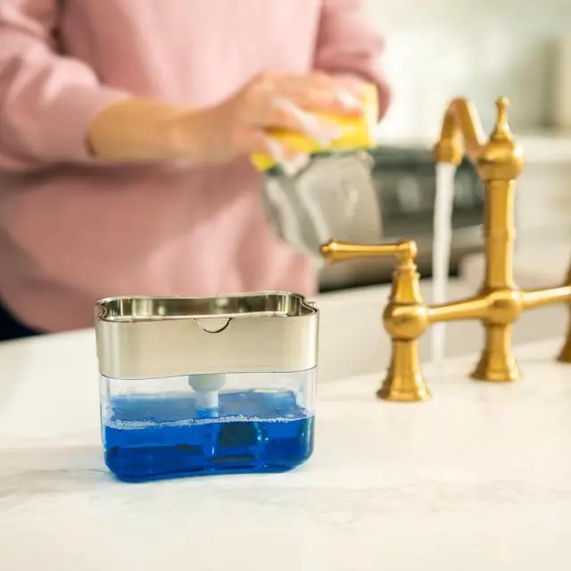 Alt view image 4 of 6 - Dish Soap Dispenser and Sponge Holder for Kitchen Sink, Sponge Included, 13 Ounces, Metallic Silver
