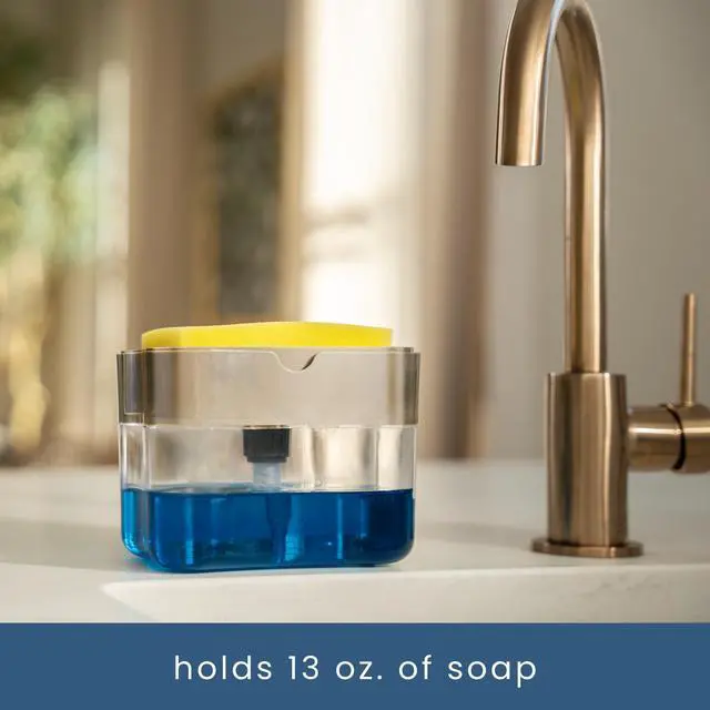 Alt view image 5 of 6 - Dish Soap Dispenser and Sponge Holder for Kitchen Sink, Sponge Included, 13 Ounces, Metallic Silver