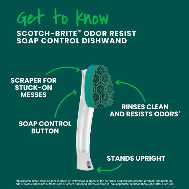Alt view image 3 of 7 - Odor Resist Heavy Duty Dishwand, 1 Dish Wand, Handles Tough Messes on Non-Coated Cookware, Oven Racks, Grills and More, Fits all Scotch Brite Refills