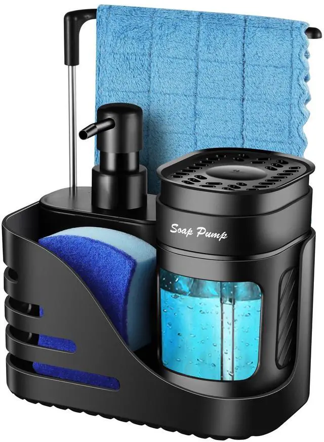 Main image of Kitchen Soap Dispenser Set, 4-in-1 Dual Hand and Dish Soap Dispenser with Sponge Holder and Dishcloth Holder for Kitchen Sink (Black)
