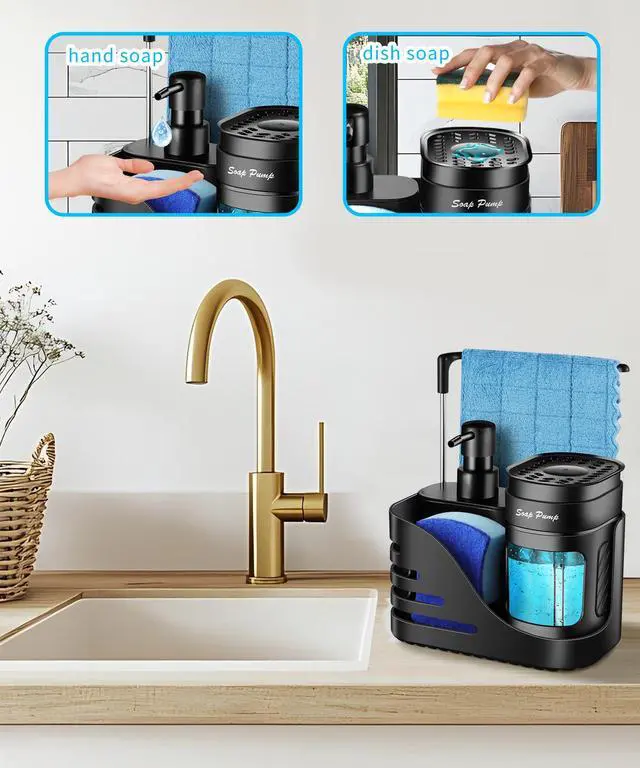 Alt view image 2 of 6 - Kitchen Soap Dispenser Set, 4-in-1 Dual Hand and Dish Soap Dispenser with Sponge Holder and Dishcloth Holder for Kitchen Sink (Black)