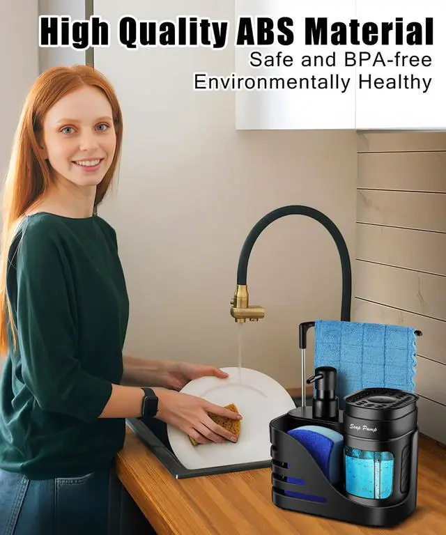 Alt view image 3 of 6 - Kitchen Soap Dispenser Set, 4-in-1 Dual Hand and Dish Soap Dispenser with Sponge Holder and Dishcloth Holder for Kitchen Sink (Black)